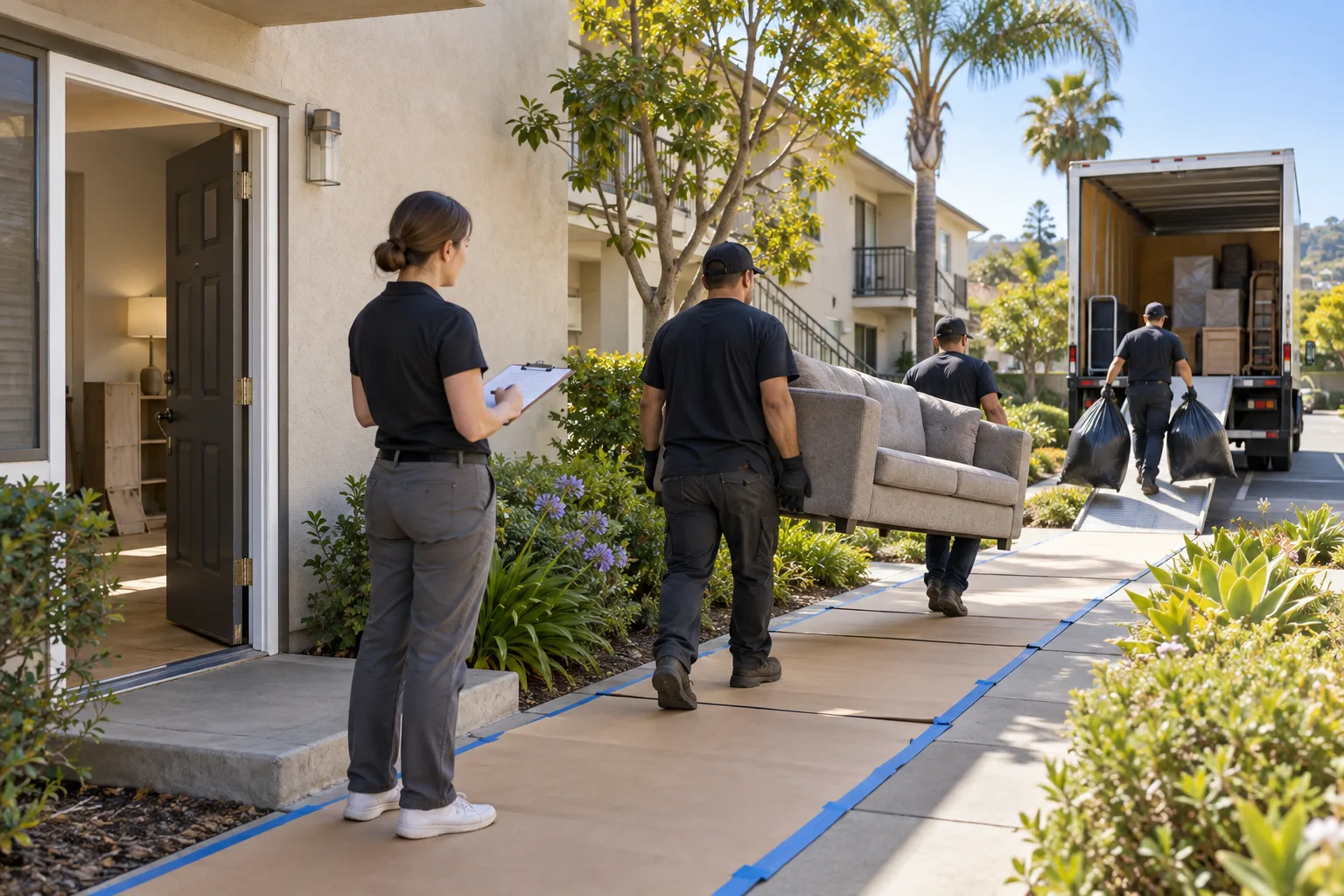 Crew moving a sofa along a protected apartment walkway during a managed turnover